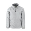 A grey full zip jacket featuring a stand collar and a logo on the chest.