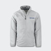 A grey full zip jacket featuring a collar and a logo on the chest.