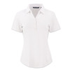 A women's polo in white with a collared neckline and button placket, featuring a small logo.