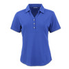A blue women's polo shirt with a collared neckline and three buttons, featuring a small logo.