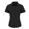 A women's short-sleeve polo shirt in black, featuring a buttoned placket and a collar. It includes a logo on the design.
