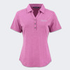 A pink women's polo shirt featuring a collar, three buttons, and a logo.