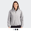 A light grey women's full zip jacket with a zip-up collar and elasticised hem, featuring a logo.