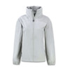 A women's full zip jacket in light grey with a high collar and side pockets, featuring a logo.