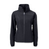 A women's full zip jacket in black with a high collar and long sleeves, featuring a logo on the side.