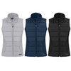 A collection of three women's vests in grey, navy, and black, featuring a zip-up design and a logo.