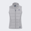 A light grey women's hybrid vest with a zip front, featuring a high collar and branding on the chest.