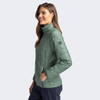 A green women's jacket with a quilted design and a logo, featuring a stand-up collar and zippered pockets.
