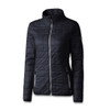 A women's jacket in navy blue with a quilted design and zippered front, featuring side pockets and a logo.