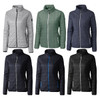 A collection of Cutter & Buck Rainier women's jackets in grey, green, navy, and black, featuring a quilted design and zippers.