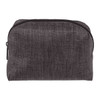 A grey toiletry bag with a zip closure, suitable for personal care essentials. Features a simple design and fabric texture.