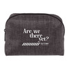 A grey travel pouch with a zip closure and a logo, featuring the phrase "Are we there yet?" in white text.