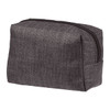 A grey zippered toiletry bag with a side pocket, featuring a textured fabric design.