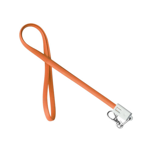An orange TPE lanyard charging cable with a silver clip and a branding logo on the connector.