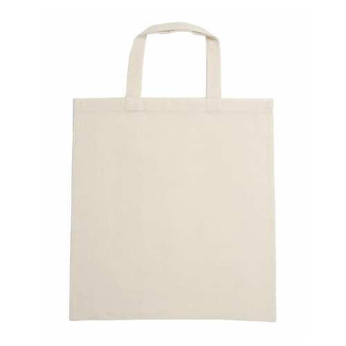 A beige calico bag with short handles and a simple design. Features a logo on one side.