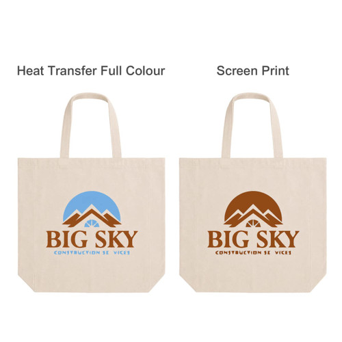 A calico tote bag in beige with short handles and a gusset, featuring a logo on both sides.