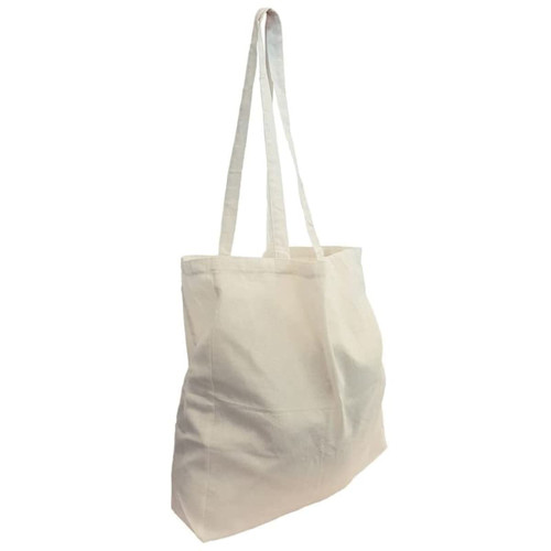 A beige calico tote bag with long handles and a gusset, featuring a subtle logo.