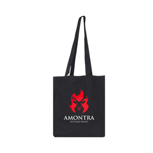 A black cotton bag with long handles and a logo featuring a stylised character in red.