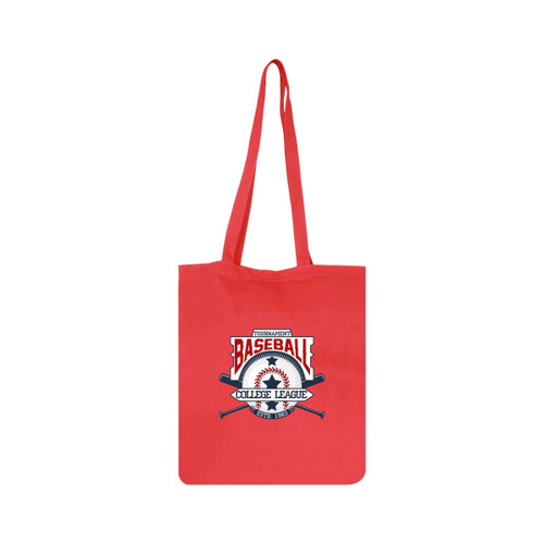 A red cotton tote bag with long handles and a logo featuring a baseball design.
