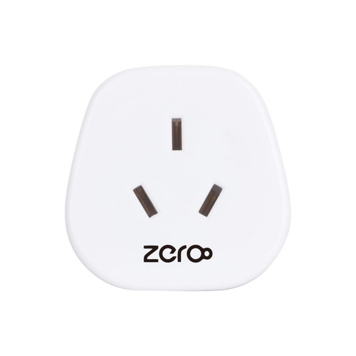 A white universal travel adapter with three prongs and a logo at the bottom.