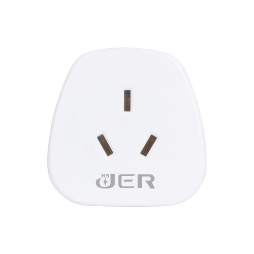 A white universal travel adapter with three prongs and a logo at the bottom.