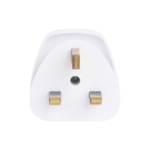 A white universal travel adapter featuring three gold prongs, designed for use from AU to UK.