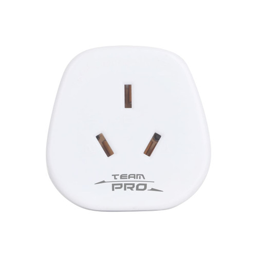 A white universal travel adapter featuring three prongs and a brand logo at the bottom.