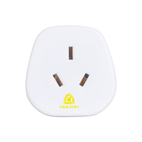 A white universal travel adapter designed for Australian to European use, featuring three prongs and a logo.
