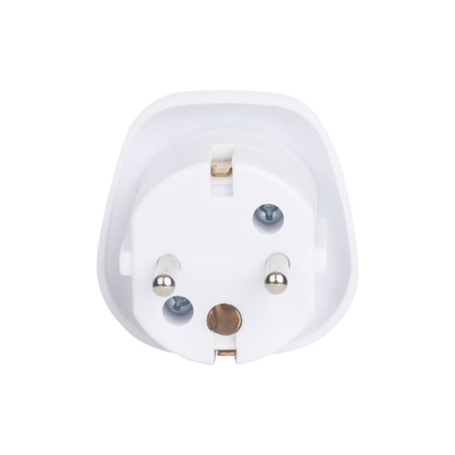 A white universal travel adapter with three pin slots for AU to EU connections, featuring a smooth, rounded design.