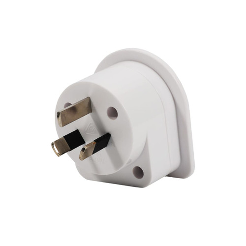 A white travel adapter with three prongs, featuring a round shape and a small branding logo.