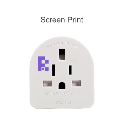 A white travel adapter with three-pronged outlets and a branding logo on the front.