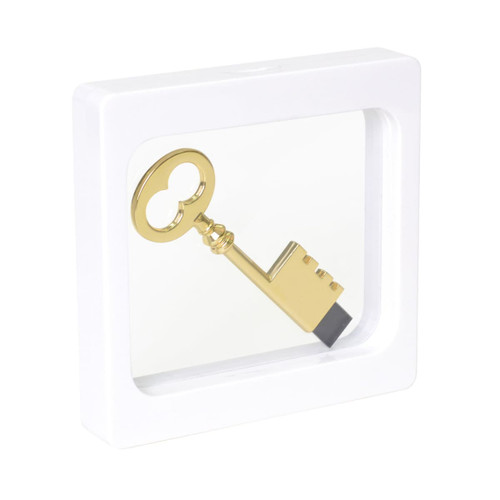 A gold key displayed within a white square floating box with a transparent front. The box has a sleek design.