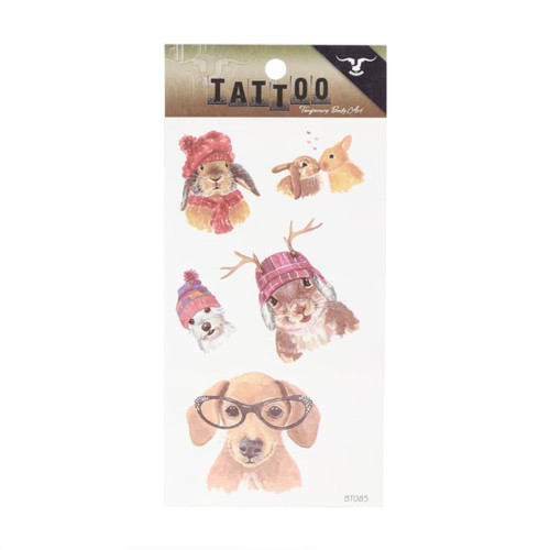 A sheet of waterproof temporary tattoos featuring various cute animals in winter attire, including hats and glasses.