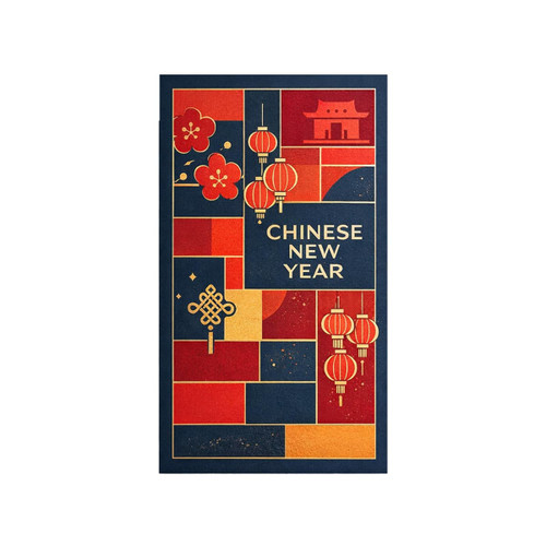 A Chinese red envelope featuring vibrant graphics of lanterns, flowers, and a traditional building in red and navy.