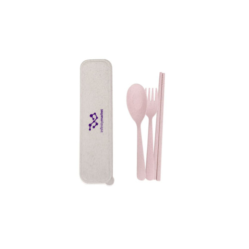 A portable utensils set in pink includes a spoon, fork, and chopsticks, housed in a beige case with a logo.
