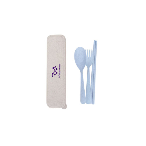 A portable utensils set featuring light blue cutlery: a spoon, fork, and chopsticks in a case with a logo.