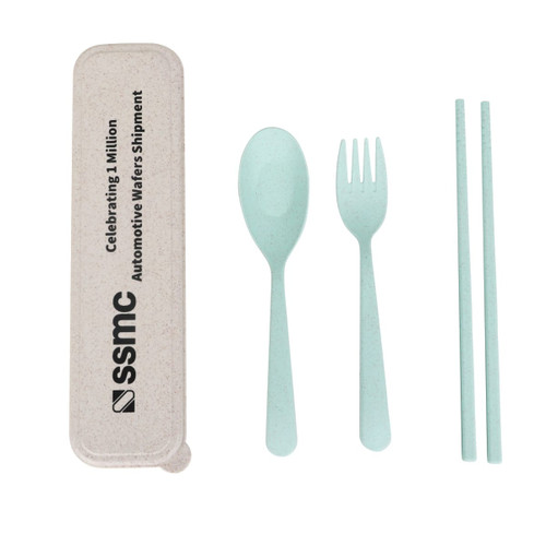 A portable utensil set in mint green featuring a spoon, fork, and chopsticks, housed in a beige case with a logo.