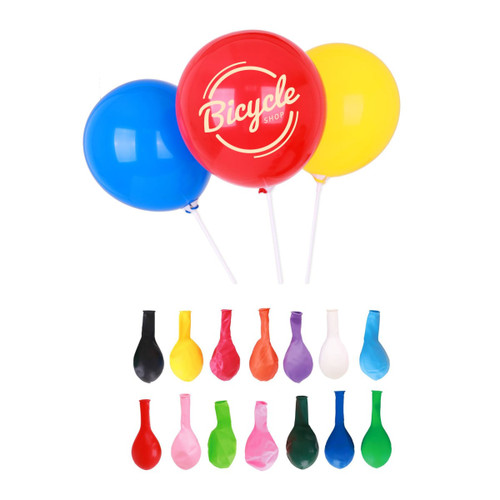 Three large balloons in red, blue, and yellow alongside smaller assorted balloons in various colours. Contains a logo.