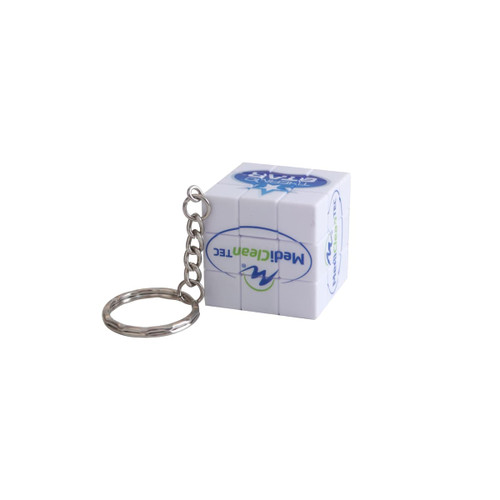 A small 3x3 puzzle cube keyring in white, featuring a metal chain attachment and a logo.