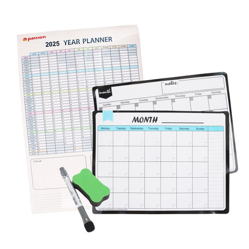 A set of a 2025 year planner, two magnetic calendars in black and white, and a green eraser with a pen.