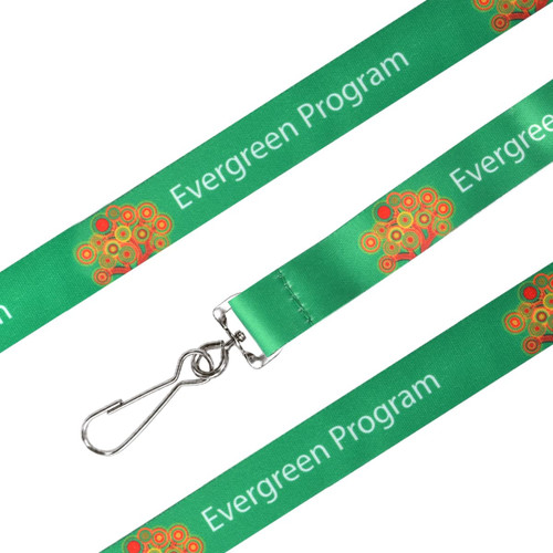 A green sublimation lanyard with an attached metal hook; features a repeating design and branding.