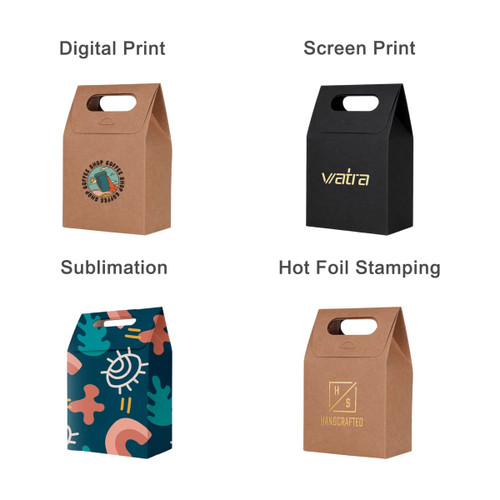 A variety of die cut handle bags in brown, black, and colourful designs, featuring different printing styles and logos.