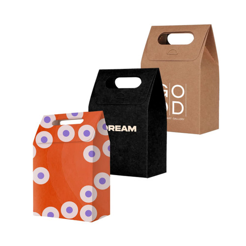 Three die cut handle bags in various colours and designs, including orange with circles, black with text, and brown.
