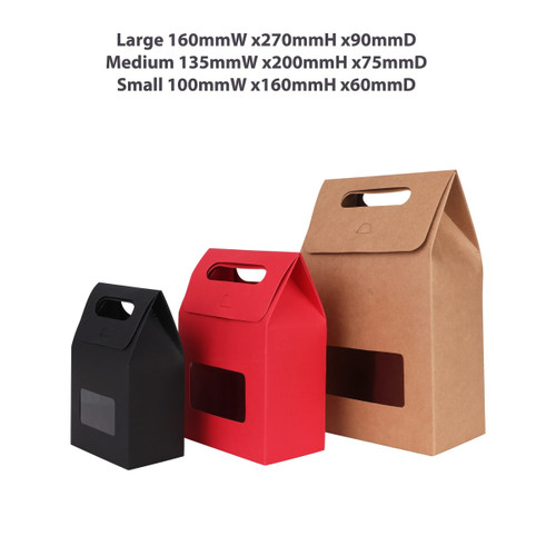 Three die cut handle bags in black, red, and kraft paper, featuring a window and varying sizes. Each has a handle for carrying.