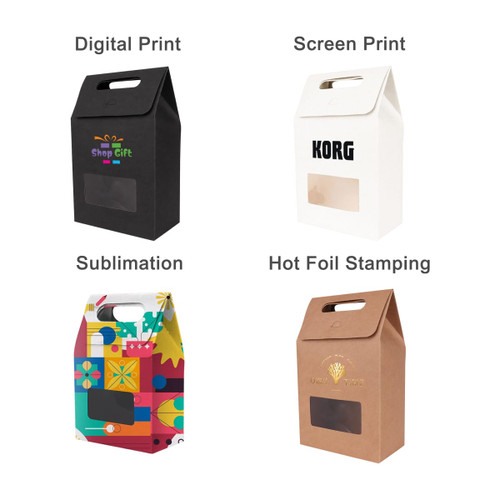 A collection of die cut handle bags in black, white, and brown, featuring transparent windows and various designs.