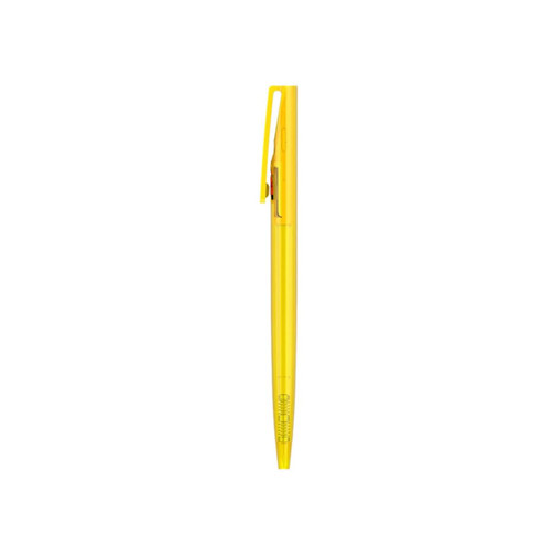 A yellow plastic pen with a transparent barrel and a clip, featuring a logo on its barrel.