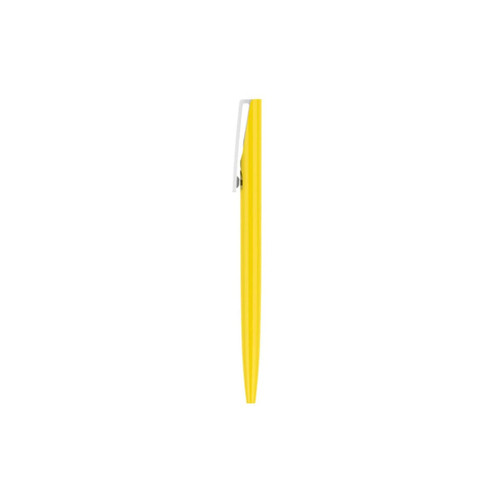 A yellow plastic pen with a silver clip, featuring a simple design and a branding logo.