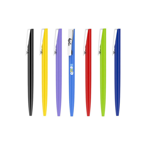 A selection of plastic pens in black, yellow, purple, blue, red, and green, each featuring a clip and branding.