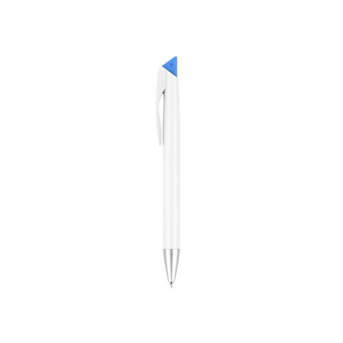 A white pen with a blue top and a silver nib, featuring a logo on its side.