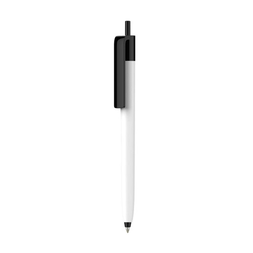 A push button pen with a creamy white barrel and a black clip. Features a branding logo.